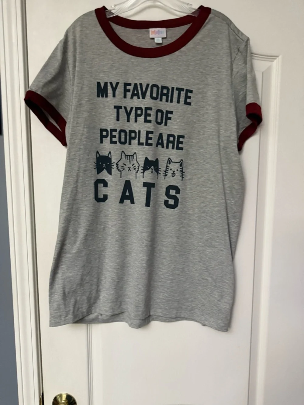 LuLaRoe Gray Tee with Burgundy Trim & Graphic